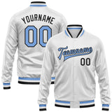 Custom White Light Blue-Black Bomber Full-Snap Varsity Faux Leather Letterman Jacket