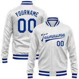 Custom White Royal Bomber Full-Snap Varsity Faux Leather Letterman Jacket
