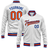 Custom White Orange-Royal Bomber Full-Snap Varsity Faux Leather Letterman Jacket