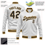 Custom White Black-Old Gold Bomber Full-Snap Varsity Faux Leather Letterman Jacket