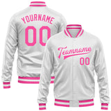 Custom White Pink Bomber Full-Snap Varsity Faux Leather Letterman Jacket