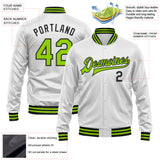 Custom White Neon Green-Black Bomber Full-Snap Varsity Faux Leather Letterman Jacket