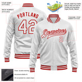 Custom White White-Red Bomber Full-Snap Varsity Faux Leather Letterman Jacket