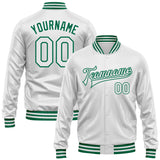Custom White White-Kelly Green Bomber Full-Snap Varsity Faux Leather Letterman Jacket
