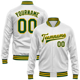 Custom White Green-Gold Bomber Full-Snap Varsity Faux Leather Letterman Jacket