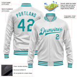 Custom White Teal Bomber Full-Snap Varsity Faux Leather Letterman Jacket