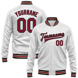 Custom White Crimson-Black Bomber Full-Snap Varsity Faux Leather Letterman Jacket