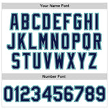 Custom White Navy Teal-Gray Bomber Full-Snap Varsity Faux Leather Letterman Jacket