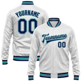 Custom White Navy Teal-Gray Bomber Full-Snap Varsity Faux Leather Letterman Jacket