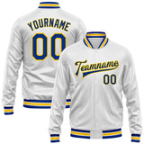 Custom White Royal-Yellow Bomber Full-Snap Varsity Faux Leather Letterman Jacket