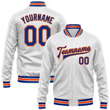 Custom White Royal-Orange Bomber Full-Snap Varsity Faux Leather Letterman Jacket