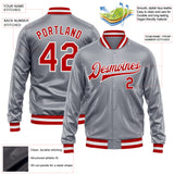 Custom Gray Red-White Bomber Full-Snap Varsity Faux Leather Letterman Jacket
