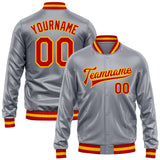 Custom Gray Red-Gold Bomber Full-Snap Varsity Faux Leather Letterman Jacket