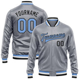 Custom Gray Light Blue-Black Bomber Full-Snap Varsity Faux Leather Letterman Jacket