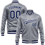 Custom Gray Navy-White Bomber Full-Snap Varsity Faux Leather Letterman Jacket