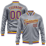 Custom Gray Purple-Gold Bomber Full-Snap Varsity Faux Leather Letterman Jacket