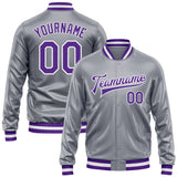 Custom Gray Purple-White Bomber Full-Snap Varsity Faux Leather Letterman Jacket