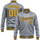 Custom Gray Gold-Black Bomber Full-Snap Varsity Faux Leather Letterman Jacket