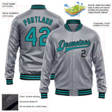 Custom Gray Teal-Black Bomber Full-Snap Varsity Faux Leather Letterman Jacket