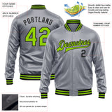 Custom Gray Neon Green-Black Bomber Full-Snap Varsity Faux Leather Letterman Jacket