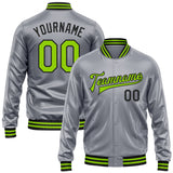 Custom Gray Neon Green-Black Bomber Full-Snap Varsity Faux Leather Letterman Jacket
