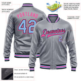 Custom Gray Light Blue Pink-Black Bomber Full-Snap Varsity Faux Leather Letterman Jacket
