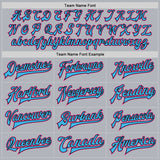 Custom Gray Pink Sky Blue-Black Bomber Full-Snap Varsity Faux Leather Letterman Jacket