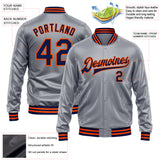 Custom Gray Navy-Orange Bomber Full-Snap Varsity Faux Leather Letterman Jacket