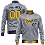 Custom Gray Gold-Navy Bomber Full-Snap Varsity Faux Leather Letterman Jacket