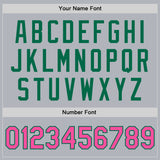 Custom Gray Pink-Kelly Green Bomber Full-Snap Varsity Faux Leather Letterman Jacket