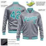 Custom Gray Teal-White Bomber Full-Snap Varsity Faux Leather Letterman Jacket