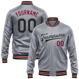 Custom Gray Black-Crimson Bomber Full-Snap Varsity Faux Leather Letterman Jacket