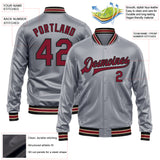 Custom Gray Crimson-Black Bomber Full-Snap Varsity Faux Leather Letterman Jacket