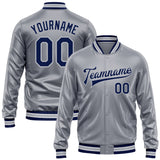 Custom Gray Navy-Gray Bomber Full-Snap Varsity Faux Leather Letterman Jacket