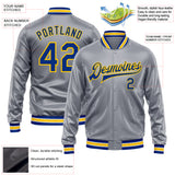 Custom Gray Royal-Yellow Bomber Full-Snap Varsity Faux Leather Letterman Jacket