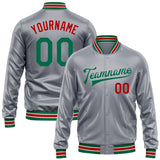 Custom Gray Kelly Green-Red Bomber Full-Snap Varsity Faux Leather Letterman Jacket