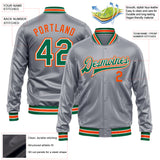 Custom Gray Kelly Green Orange-White Bomber Full-Snap Varsity Faux Leather Letterman Jacket