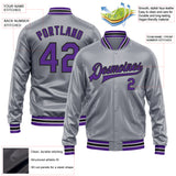 Custom Gray Purple-Black Bomber Full-Snap Varsity Faux Leather Letterman Jacket