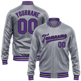 Custom Gray Purple-Black Bomber Full-Snap Varsity Faux Leather Letterman Jacket