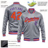 Custom Gray Orange-Purple Bomber Full-Snap Varsity Faux Leather Letterman Jacket