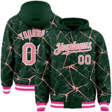 Custom Green Medium Pink-White Abstract Network 3D Pattern Design Bomber Full-Snap Varsity Letterman Hoodie Jacket