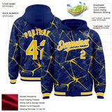 Custom Royal Yellow-White Abstract Network 3D Pattern Design Bomber Full-Snap Varsity Letterman Hoodie Jacket