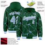 Custom Kelly Green Light Blue-White Abstract Network 3D Pattern Design Bomber Full-Snap Varsity Letterman Hoodie Jacket