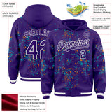 Custom Purple Teal Bay Orange-White Fragment 3D Pattern Design Bomber Full-Snap Varsity Letterman Hoodie Jacket