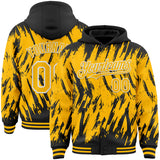 Custom Black Gold-White Abstract Sharp Shape Fragment 3D Pattern Design Bomber Full-Snap Varsity Letterman Hoodie Jacket