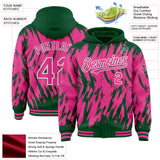 Custom Kelly Green Pink-White Abstract Sharp Shape Fragment 3D Pattern Design Bomber Full-Snap Varsity Letterman Hoodie Jacket