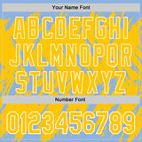 Custom Light Blue Yellow-White Abstract Sharp Shape Fragment 3D Pattern Design Bomber Full-Snap Varsity Letterman Hoodie Jacket