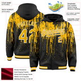 Custom Black Gold-White Dripping Splatter 3D Pattern Design Bomber Full-Snap Varsity Letterman Hoodie Jacket