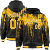 Custom Black Gold-White Dripping Splatter 3D Pattern Design Bomber Full-Snap Varsity Letterman Hoodie Jacket