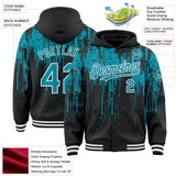 Custom Black Teal-White Dripping Splatter 3D Pattern Design Bomber Full-Snap Varsity Letterman Hoodie Jacket